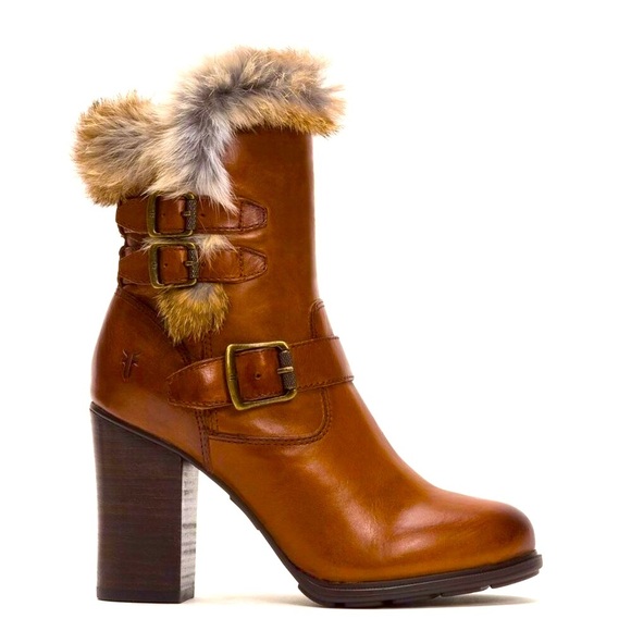 RARE Frye Penny Lux Rabbit Fur-Lined Cognac Leather Buckle Heeled Ankle Booties - Picture 1 of 15